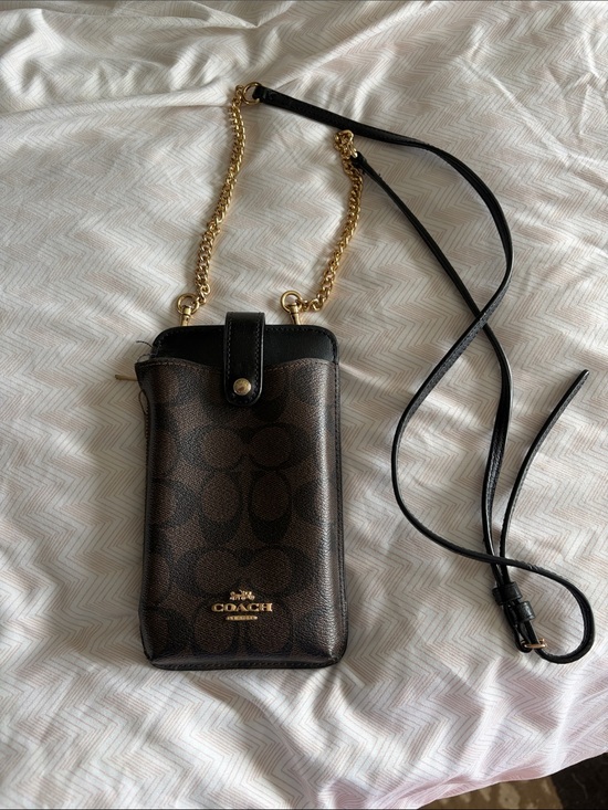 Coach Handbags - Coach Brown Signature Crossbody Phone Pouch with Gold Chain and Black Strap